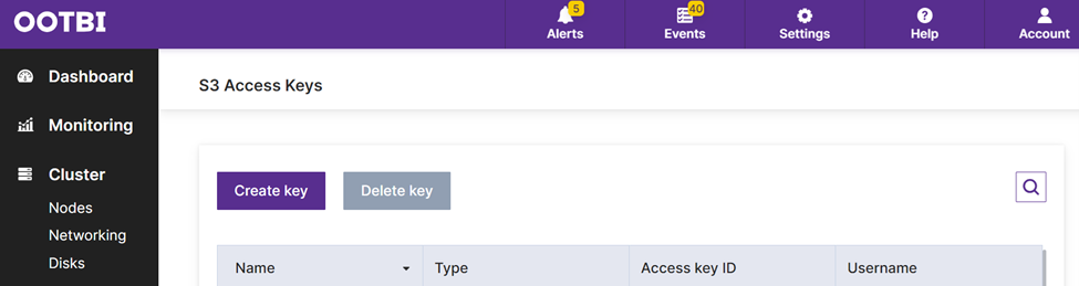 S3 Access Keys screen in Ootbi interface showing options to create or delete S3 access keys, with columns for name, type, access key ID, and username.