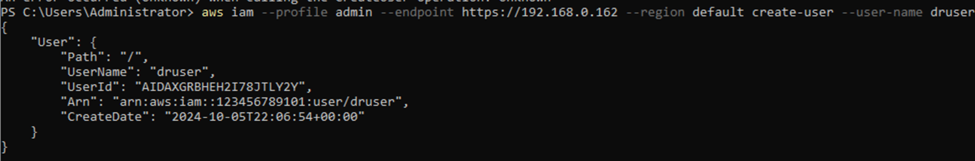 Invite de commande montrant la création d'un nouvel utilisateur IAM nommé 'druser' utilisant le CLI AWS avec le profil admin et l'endpoint 192.168.0.162. La sortie affiche les détails de l'utilisateur, y compris le nom d'utilisateur, l'ID utilisateur, l'ARN, un