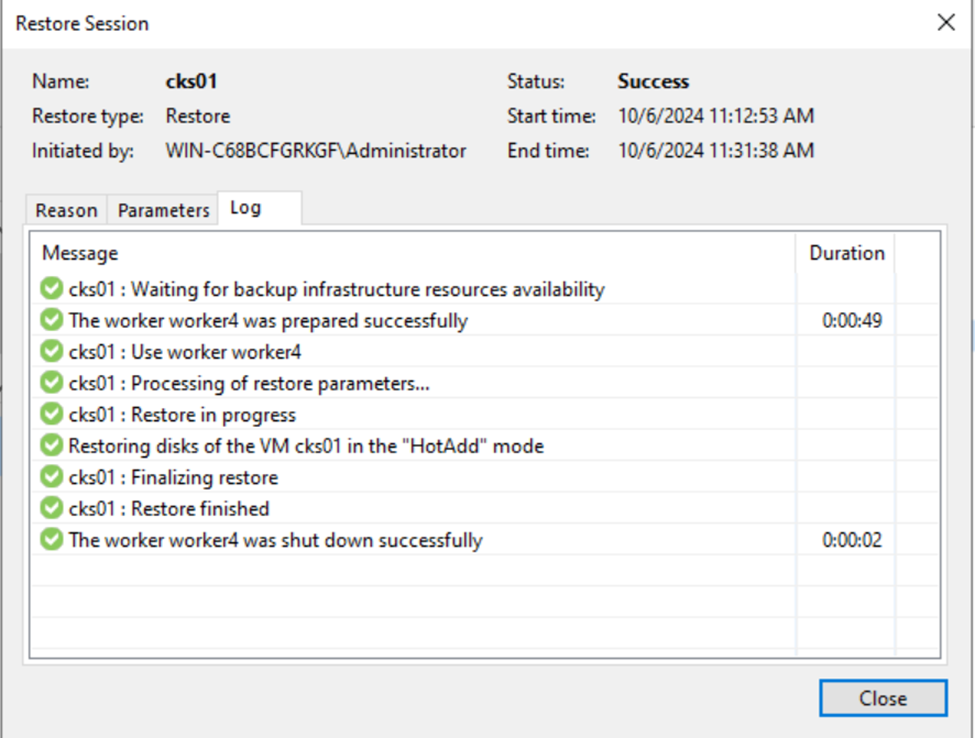 Veeam Backup & Replication interface showing a 'Restore Session' window for the VM 'cks01.' The restore type is 'Restore,' with a status of 'Success.' The start time is '1062024 111253 AM,' and the end time is '106202