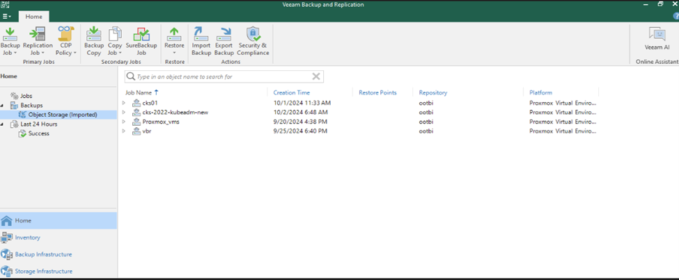 Veeam Backup & Replication-Oberfläche, die den Abschnitt 'Objektspeicher (importiert)' anzeigt. Vier Backup-Jobs sind aufgelistet: 'cks01', 'cks-2022-kubeadm-new', 'Proxmox_vms' und 'vbr'. Das Repository für alle Jobs ist 'ootbi', a