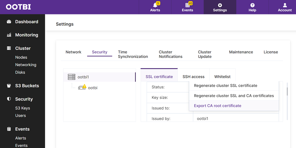 Ootbi Settings page under the Security tab displaying SSL certificate options, including exporting the CA root certificate for cluster Ootbi1.